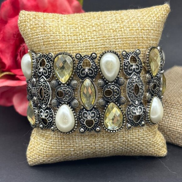 Silver Tone Ornate Wide Statement Stretch Bracelet Teardrop Faux Pearls Crystals - Picture 1 of 5